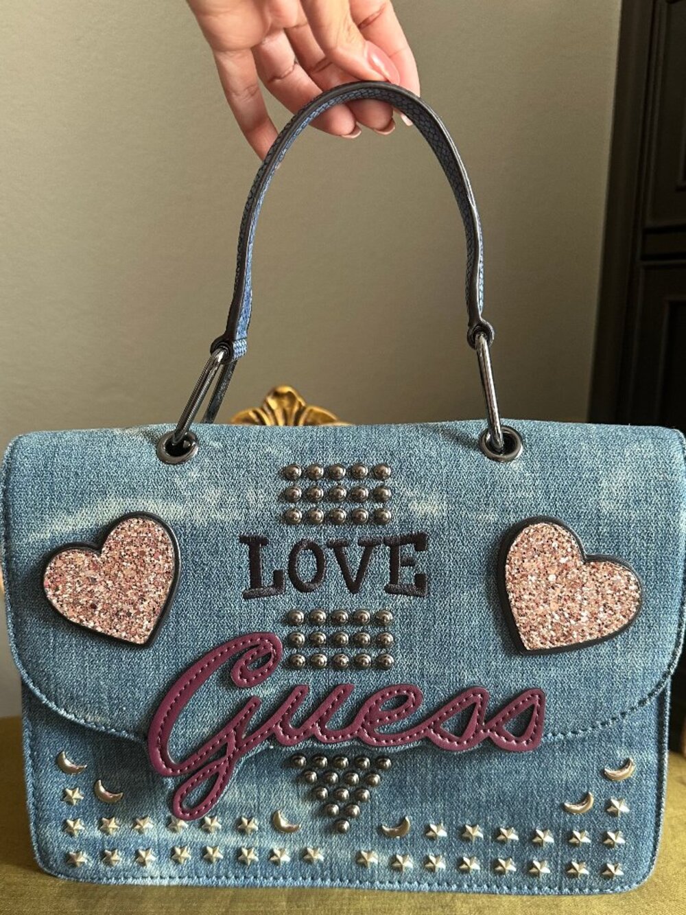 GUESS In Love Denim Top Handle Flap Crossbody Bag | Studded Sequin Heart Logo
